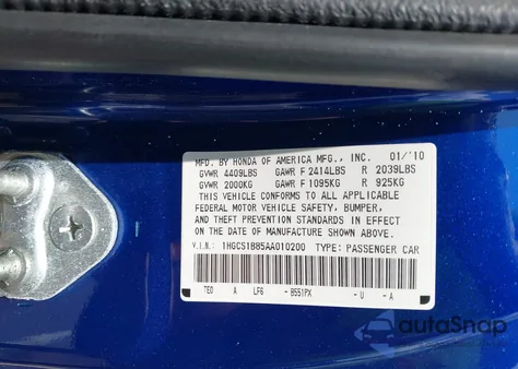 2010 Honda Accord 2.4 Ex-L from USA, damaged, VIN 1HGCS1B85AA010200